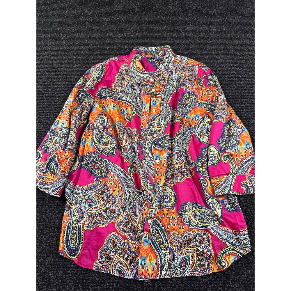 Lauren Ralph Lauren Women 3X Paisley Button Up Shirt Pink Multicolor Cotton Plus